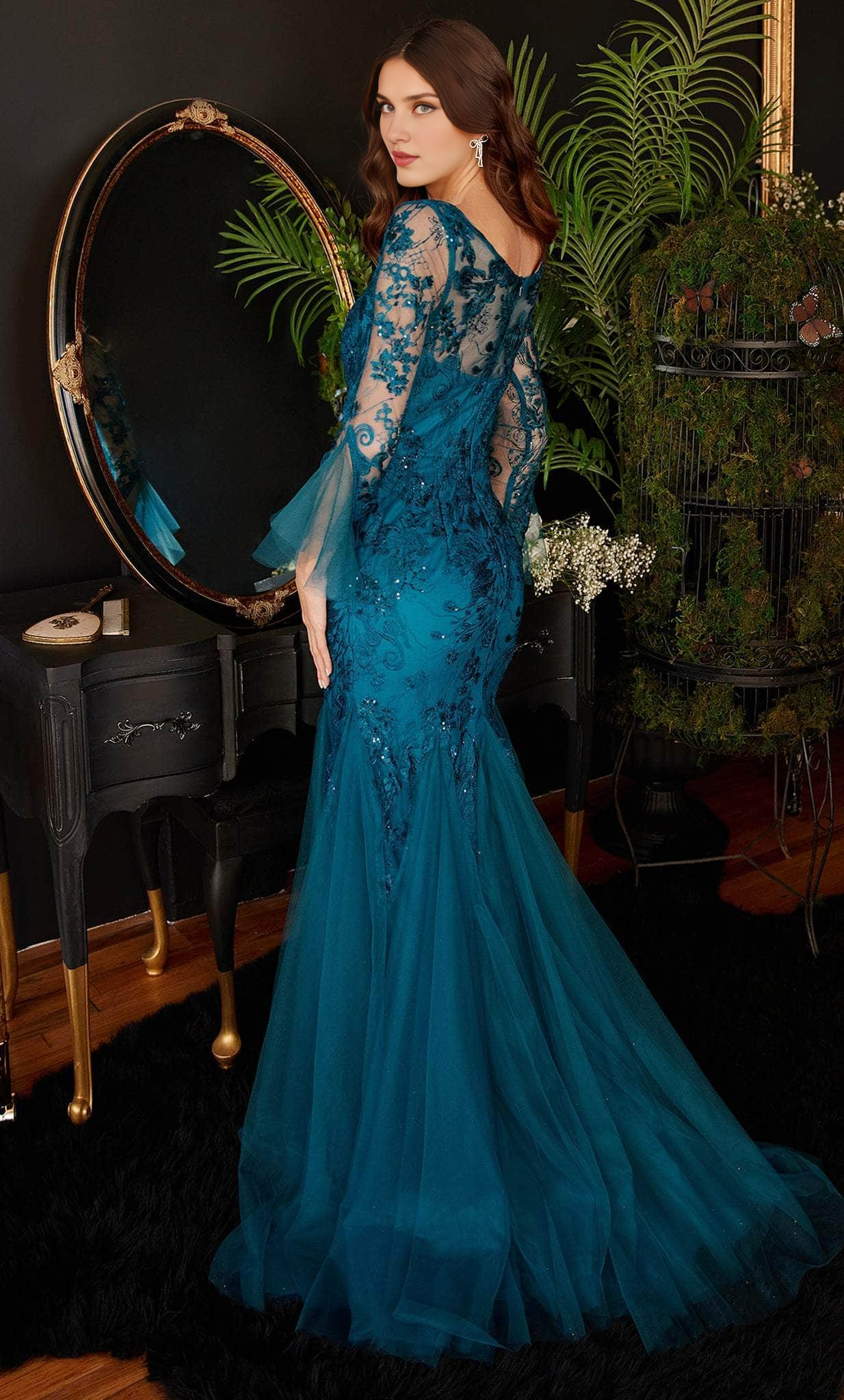 Prom Dresses Shops Embroideed Evening Dress Deep V Neck Floor Length Long Trumpet Sleeves Prom Gown Prom Clothing Formal Women's Dresse Dress